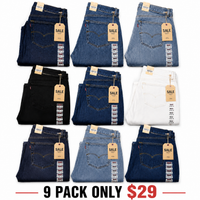 Jeans-9-PACK ONLY $29-Dark Blue + Medium Blue + Light Blue + Black + Gray + Ivory+ Olive Green + Brown + Ice Blue