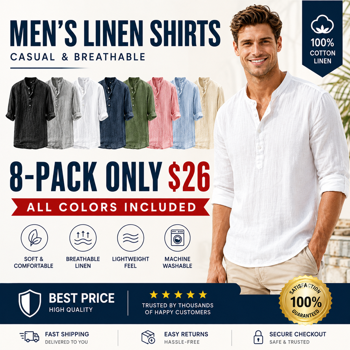 💥 Final Countdown Begins 💥Men's Linen Shirts Casual Cotton 3/4 Sleeve Regular-Fit Henley T-Shirt